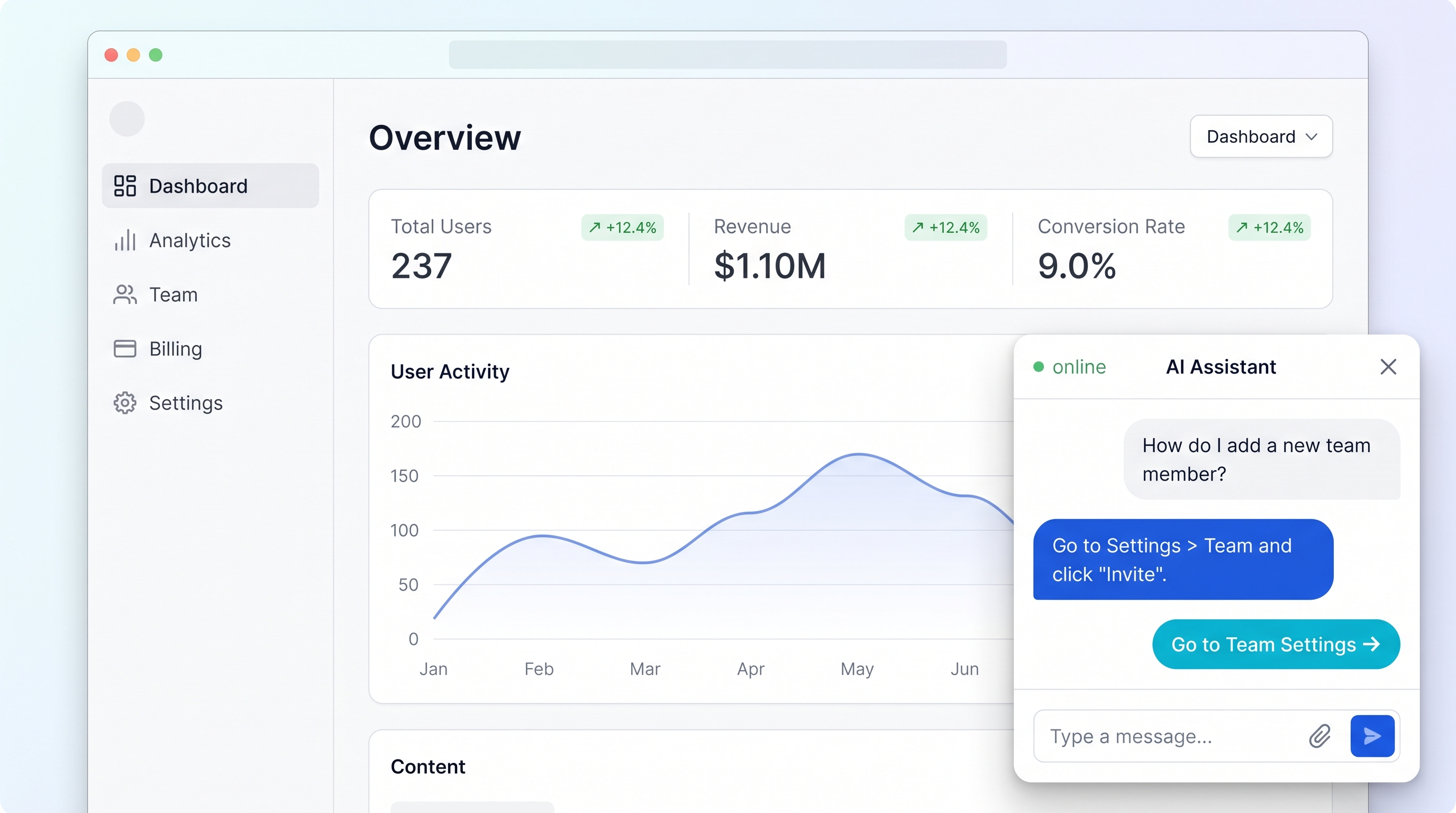 SefyBot widget replying to a visitor inside a dashboard
